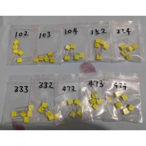 10kind*5pcs Correction capacitor kit 100v 0.47/0.22/0.1UF 47/33/10/4.7/3.3/1.51/NF 102/332/472/103/333/473/104/224/474/J TRIMMER