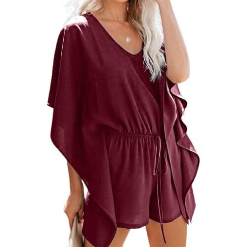 Short Jumpsuit Solid Loose Romper Women V Neck High Waist Drawstring Short Sleeve Playsuit Summer high waist Jumpsuits femme