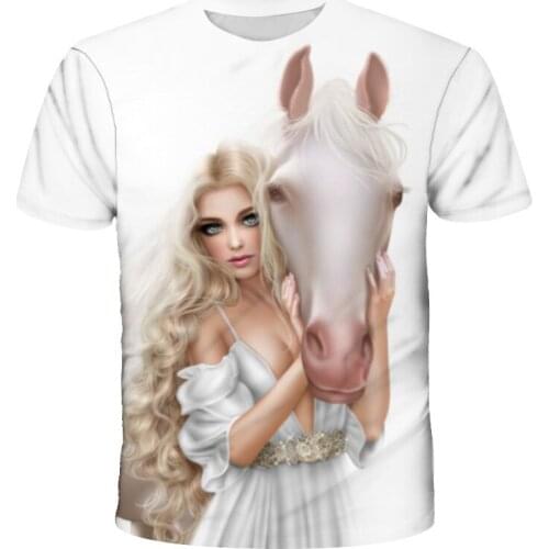 Fashion Horse With Sexy Beauty 3D Print Men T Shirt Casual Summer Funny Animal Print Crew Neck Short Sleeve Plus Size Tops Tee