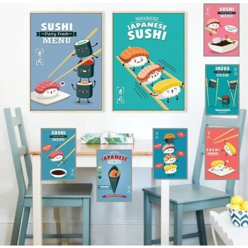 Cartoon Cute Funny Japanese Sushi Canvas Painting Wall Art Poster and Prints Restaurant Kitchen Home Decoration Modular Picture