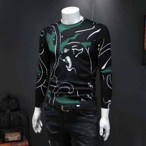 Personality Printed O-Neck Long Sleeve Mens Pullovers Autumn New Thin Comfort Slim Fit Male Casual Knitting Sweaters Plus Size