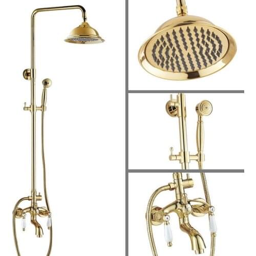 Bathroom Rainfall Shower Set faucet 8.2" Luxury Golden Polished Brass Rain Bath Wall Mounted Shower Set Bathtub Mixer Tap agf423