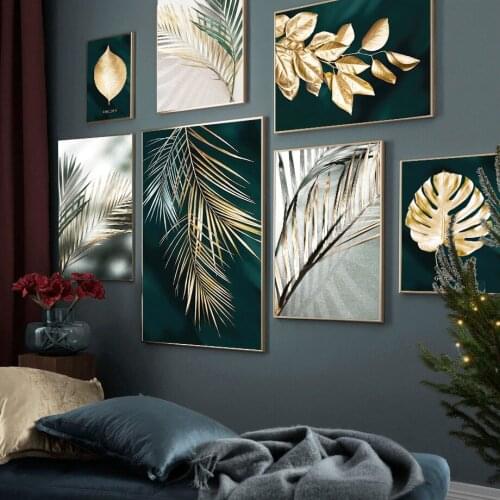 Wall Art Canvas Painting Abstract Monstera Golden Palm Leaf Plant Nordic Posters And Prints Wall Pictures For Living Room Decor