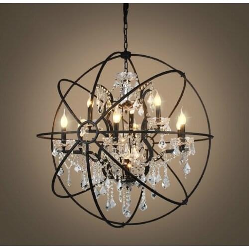 Industrial Retro Crystal Chandelier Lights Clear Crystal Rustic Iron Hanging Light Fixture Suspension Decor Loft Indoor Lighting