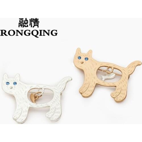RONGQING 2018 Cute Fish in Belly Cat Brooch Pins Unique Design Cartoon Fish and Cat Brooches For Women Bijoux Bijouterie