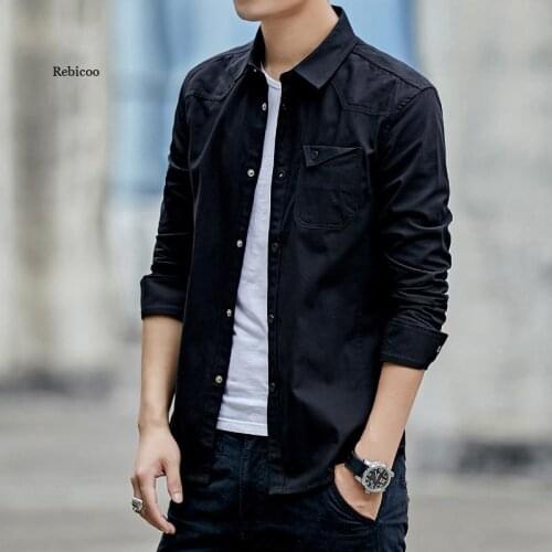 Mens Shirts Solid Color Casual Military Cotton Shirt Slim Fit with Pocket Long Sleeve Vintage Jacket Streetwear Plus Size