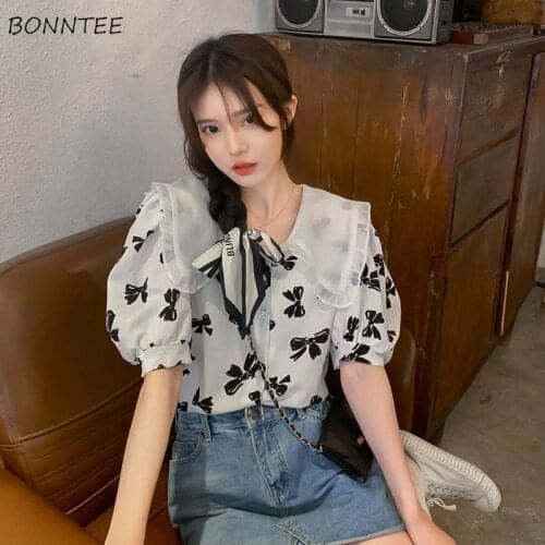 Shirts Women Elegant Slim All-match Puff Sleeve French Style Sweet College Retro Mesh Fashion Ladies Tops Casual Cozy New Female