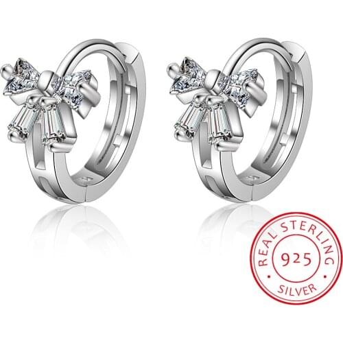 Cute 925 Sterling Silver Bow Knot CZ Circles Small Loops Huggie Hoop Earrings For Women Jewelry Kids Girls Aros Artes Ohrringe