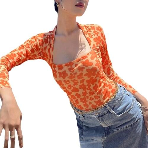 Floral printed chiffon elegant blouse Office ladies sexy pleated slim blue summer square collar women 2021 ruffles tops