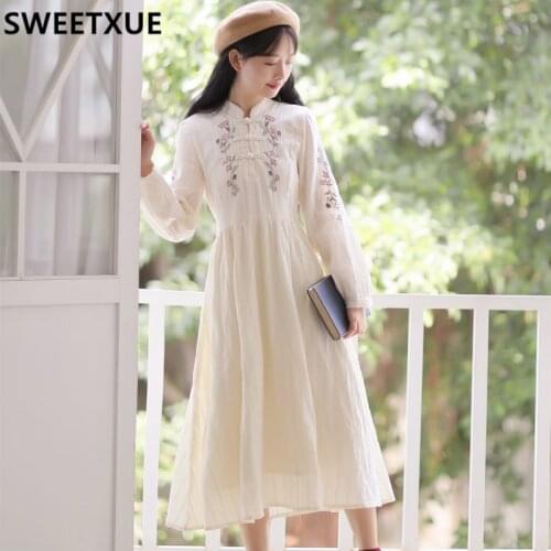 SWEETXUE Vintage Flower Embroidered Midi Dress Stand-up Collar Long Sleeve Cotton Cute kawaii Chic Dresses Vestidos Robe Femme