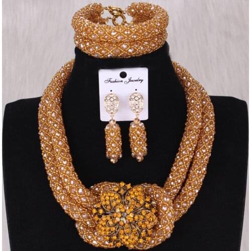 Dudo African Crystal Beads Nigerian Wedding Jewelry Sets For Women Gold / Red Accessories