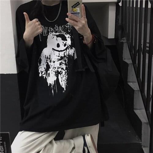 Women T-Shirt Harajuku Anime Cartoon Black Print Streetwear Top Short Sleeve Vintage Dropshipping Plus Size Cotton Kpop Clothes