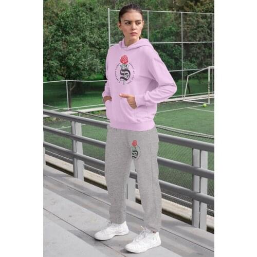 Angemiel Wear Spirit Of Soul Women Tracksuit Set Pink Hooded Sweatshirt Gray Sweatpants