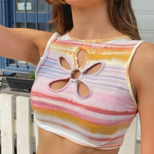 Fashion Tie Dye Print Crop Top Women Sleeveless Petal Hollow Out 2021 Summer Casual Off Shoulder Y2K Beach Sexy Ladies Tank Tops