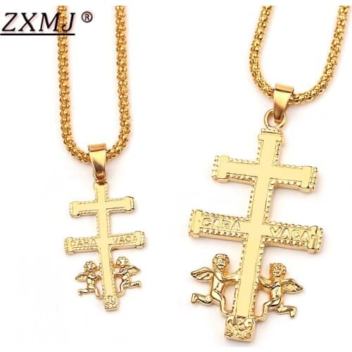 ZXMJ Catholic Caravaca Crucifix Orthodox With Cherub Angel Necklace Pendant Russia Cross HipHop Gold Necklace For women Men Gift