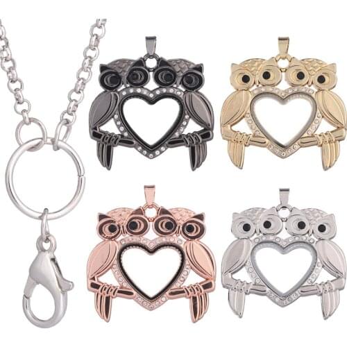 10pcs/lot New Design Double Animal Owl Shaped Glass Photo Living Floating Locket Diy Heart Love Locket Pendant Jewelry Wholesale