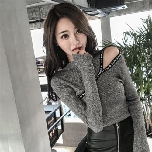 2020 Korean Style Women Pullover Pull Femme Letter Appliques Off Shoulder Sweater High Elastic Sweters Women Invierno