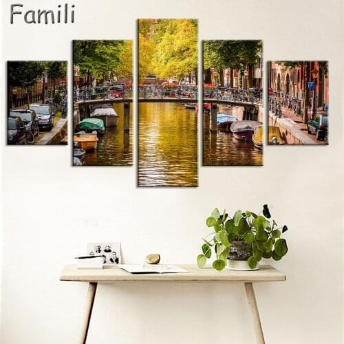 5 Panels Canvas Art Amsterdam House Canal Home Decor Wall Art Painting Canvas Prints Pictures for Living Room Poster Unframed