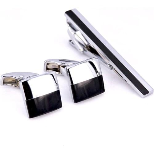 C-MAN Stainless Steel Black Enamel Cufflinks and Tie Clip Clasp Bar Set FREE SHIPPING Gift For Men French Shirt High Quality