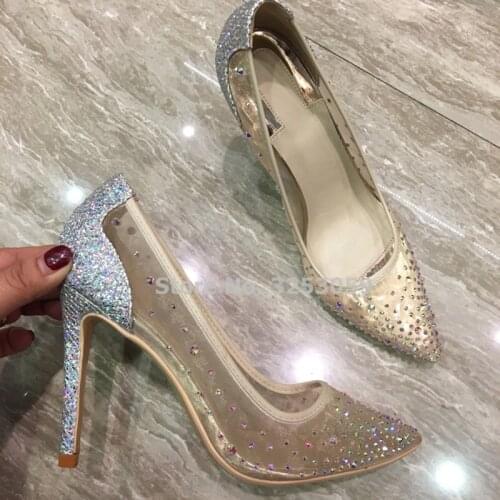 ALMUDENA Bling Bling Silver Black See Through Lace Crystal Wedding Shoes Glittering Pointed Toe Patchwork Bridal Shoes Pumps