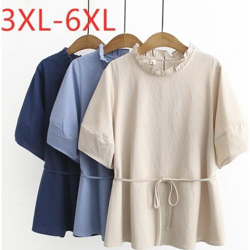 New 2021 summer plus size tops for women large blouse short sleeve casual loose cotton belt shirt beige blue 3XL 4XL 5XL 6XL