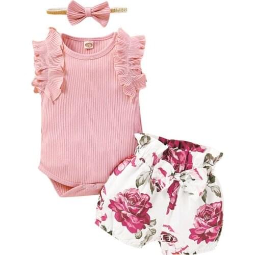 2020 Newborn Baby Girl Clothes Set Summer Solid Girls Bodysuit Outfit Floral Shorts Headband Newborn Infant Clothing Sets