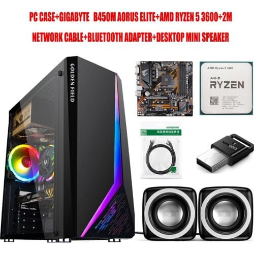 PC Case+GIGABYTE B450M AORUS ELITE Motherboard+AMD Ryzen 5 3600 CPU+2M Network Cable+Bluetooth Adapter+Desktop Mini Speaker