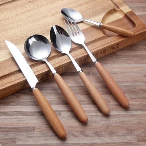 Wooden Handle Steak Knife Fruit Fork Spoon Japanese-Style 410 Stainless Steel Tableware High Quality Luxury Dinnerware