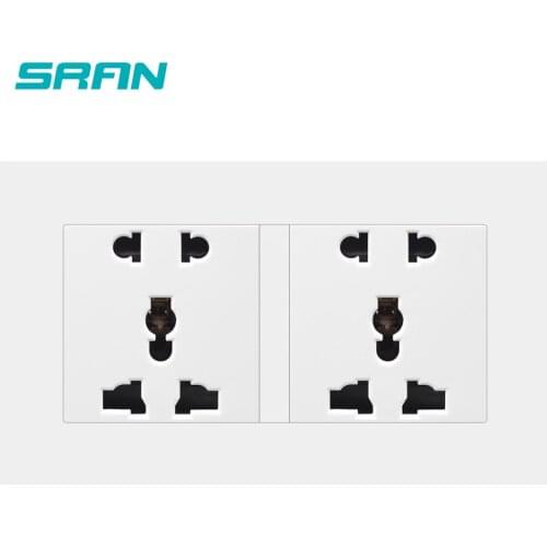SRAN double universal power socket,13A 250V double 5pin 146mm*86mm white/black/gold/sliver PC panel Wall Socket
