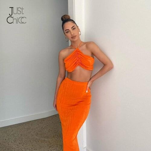 Justchicc Summer Strapless And A Line Skirt Suits Women Hanging Neck Open Back Skirt Outfits Solid Split Casual 2 Piece Sets
