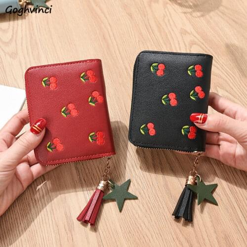 Wallets Women Embroidery Mini Short Wallet Cherry Tassel Zipper Multi-function Coin Purse All-match Simple Fashion Carteira Cute