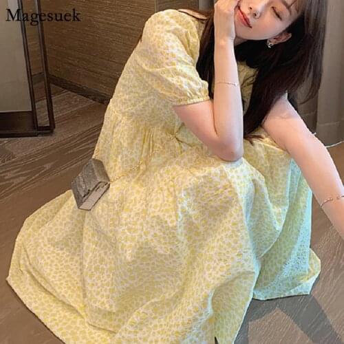 Summer Floral Dresses Women Short Sleeve 2021 Plus Size Midi Dress Female Elegant Yellow Casual Party Loose Dress Vestidos 15498