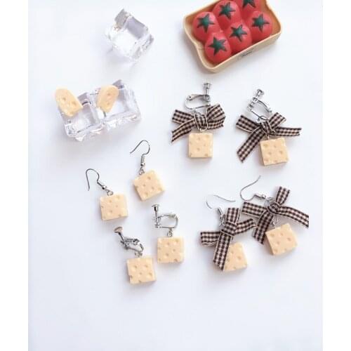 Sweety Simulation Cheese Bowknot Drop Earrings for Women Girls Simple Cute Square Cheese Earrings Christmas Gifts