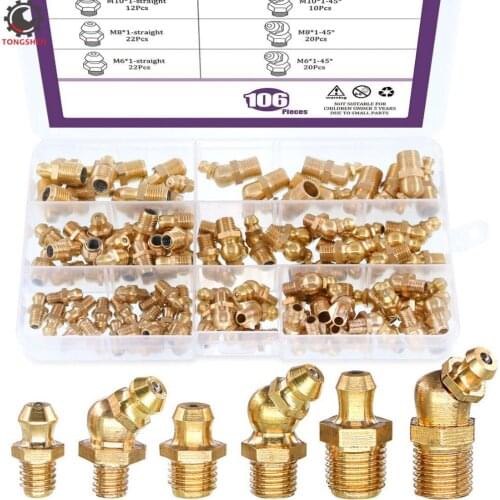 105Pcs Gold Grease Fittings Assortment Kit Brass Zerk Grease Nipple Fittings for Excavators M6 M8 M10 Angled Zerk Assortment