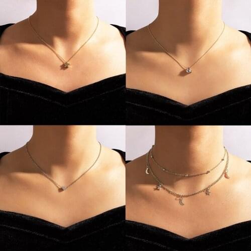 HuangTang 2021 New Cute Gold Star Moon Necklace for Women Simple Shiny Crystal Clavicle Chain Wedding Jewelry Birthday Gift