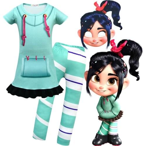 Girls Wreck-It Ralph 2 Clothes Vanellope Von Schweetz Vocaloid Cosplay Halloween Costume Kids Dress Pants Sets Clothing for Kids