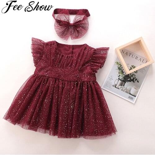 Newborn Baby Girls Clothes Summer Puff Sleeve Sequined Gown Princess Dress Birthday Party Tulle Mesh Cotton Dress With Headband
