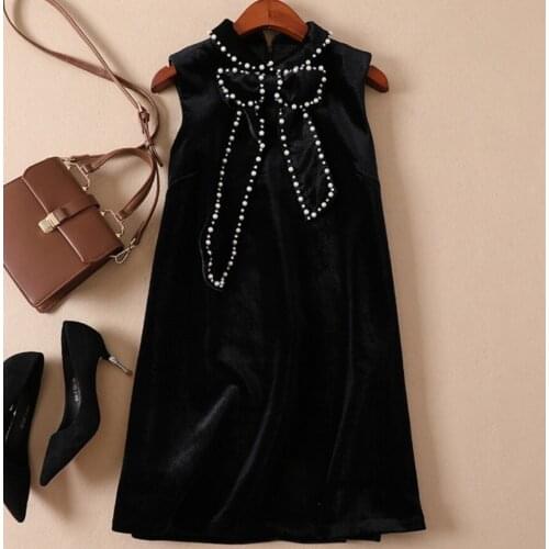 Autumn winter new fashion women velvet dress women sleeveless beaded bow A-line vest dress party