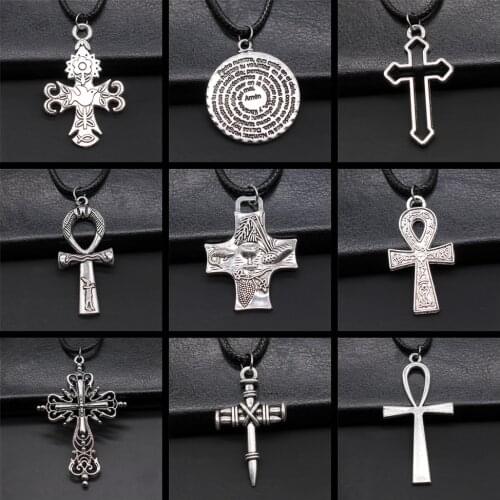 Black Leather Chain Necklace Christian Jesus Cross Ankh Cross Bible Pendant Necklace Cross Jewelry For Men Women