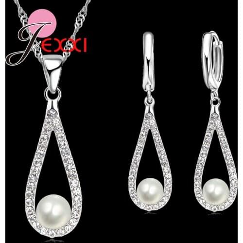 Pure 925 Sterling Silver Shiny CZ Crystal Water Drop Pearl Necklaces For Woman Fine Jewelry Wedding Earring Set Gift