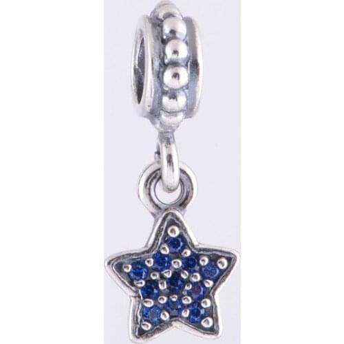 Authentic 925 Sterling Silver Blue Pave Star Dangle Bead Fit Original Pandora Charms Bracelet jewelry LW180C