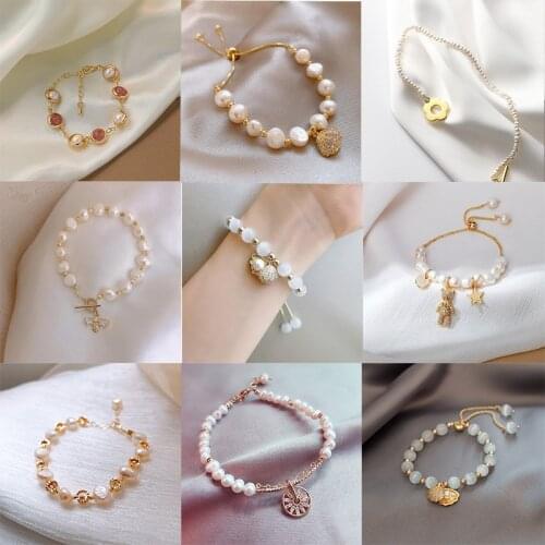 Simple Korea Freshwater Pearl Girlfriend Bracelet Micro Inlaid Bear Bee Shell Pearl Bracelet Transfer Bangles