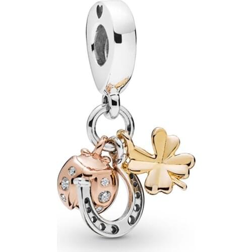 Rose Lady Beetle Gold Clover Dangle Fit Original Pandora Charms Bracelet Women Ladybug Pendant Lucky Horseshoe Beads DIY Jewelry