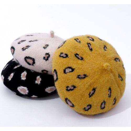 Women Girl French Leopard Print Warm Wool Beanie Hat Vintage Plain Beret Hats Solid Color Elegant Lady Winter Caps HR122315