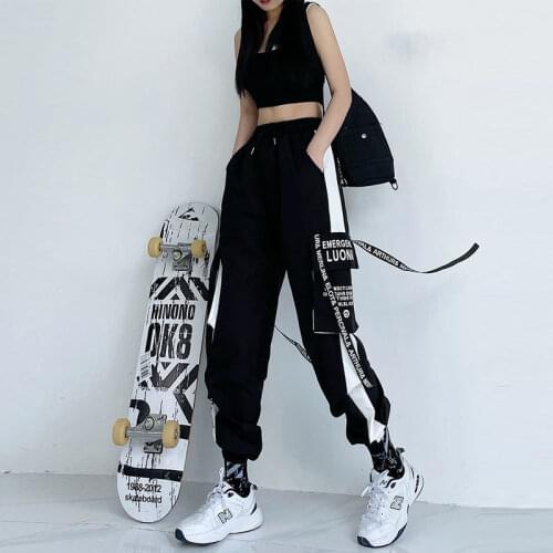 HOUZHOU Women Elastic Waist Loose Streetwear Cargo Pants Female Fashion Jogging Black Trousers Hippie Jogger Harajuku Sweatpants