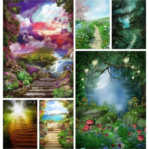 Laeacco Spring Forest Stair Pathway Scenic Baby Photography Backgrounds Customized Vinyl Photographic Backdrops For Photo Studio