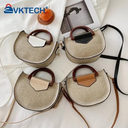 Vintage Women Woven Contrast Color Patchwork Shoulder Bag Semicircle Crossbody Messenger Bags Casual Ladies Small Saddle Handbag