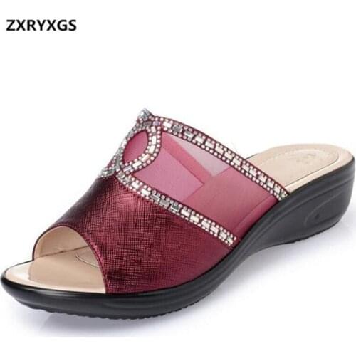 New Rhinestone Mesh Real Leather Fashion Sandals Women Slippers 2020 Plus Size Summer Casual Shoes Women Sandals Wedges Slippers