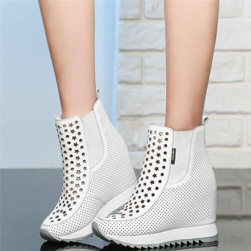 2020 Summer Fashion Sneakers Women Breathable Genuine Leather Wedges High Heel Ankle Boots Female High Top Platform Pumps Shoes