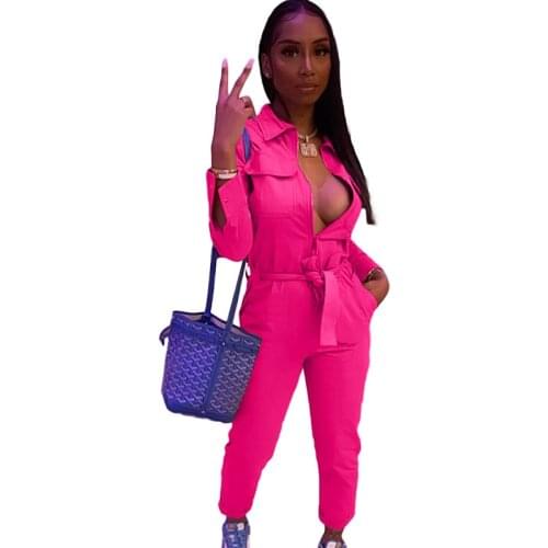 Autumn Solid Casual Rompers Womens Jumpsuit Zipper Turn-down Collar Long Sleeve Romper Streetwear Sporty Overalls Mono Mujer
